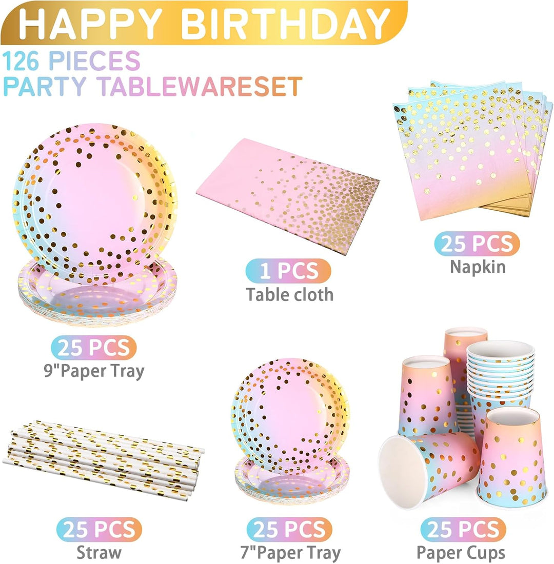 Geburtstag Party Geschir 126 pcs,Regenbogen Pappteller Set,Regenbogen Partyzubehör Pappteller Set,mi