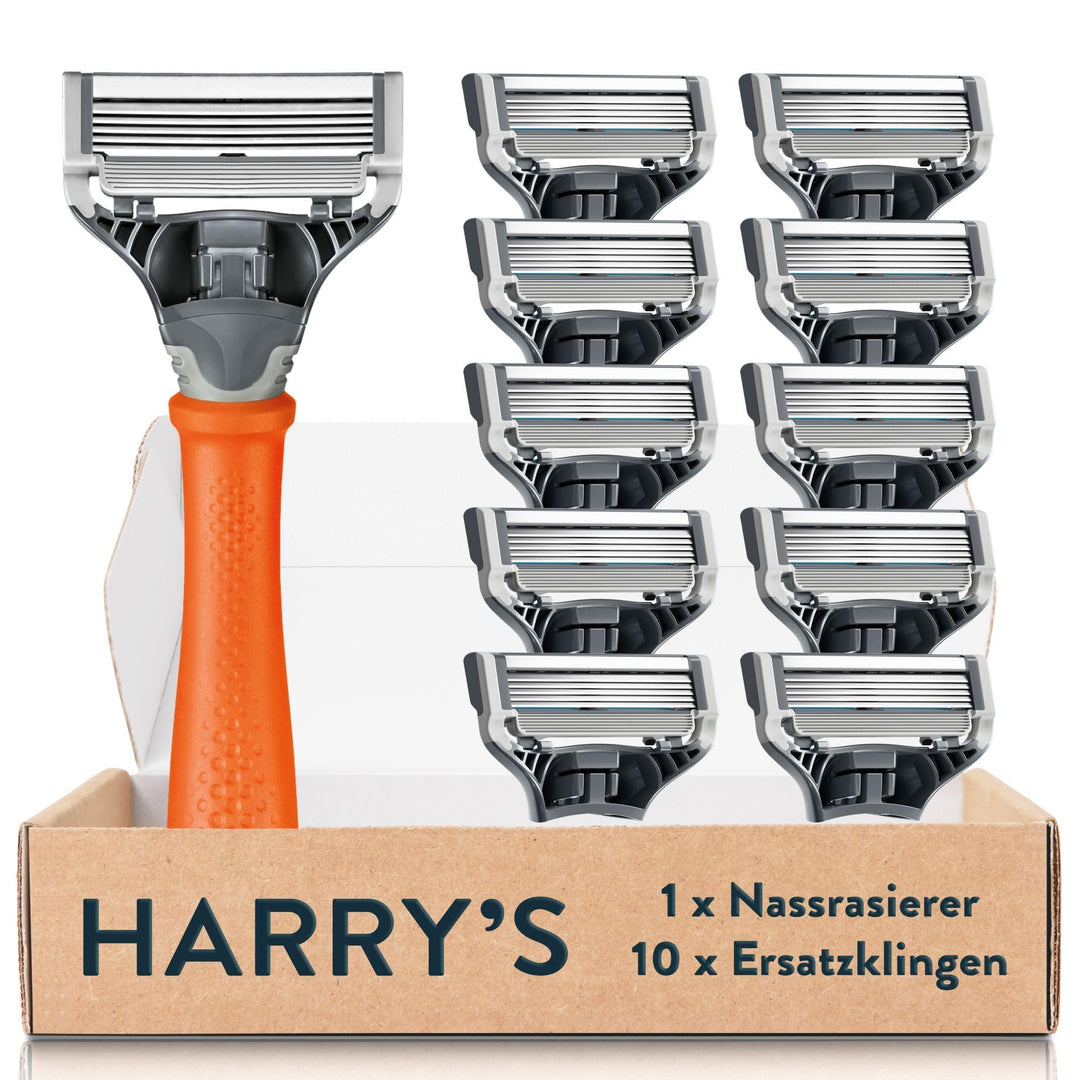 Harry’s Nassrasierer für Männer – Rasier-Set mit orangefarbenem Griff, 10 Ersatz-Rasierklingen Rasie