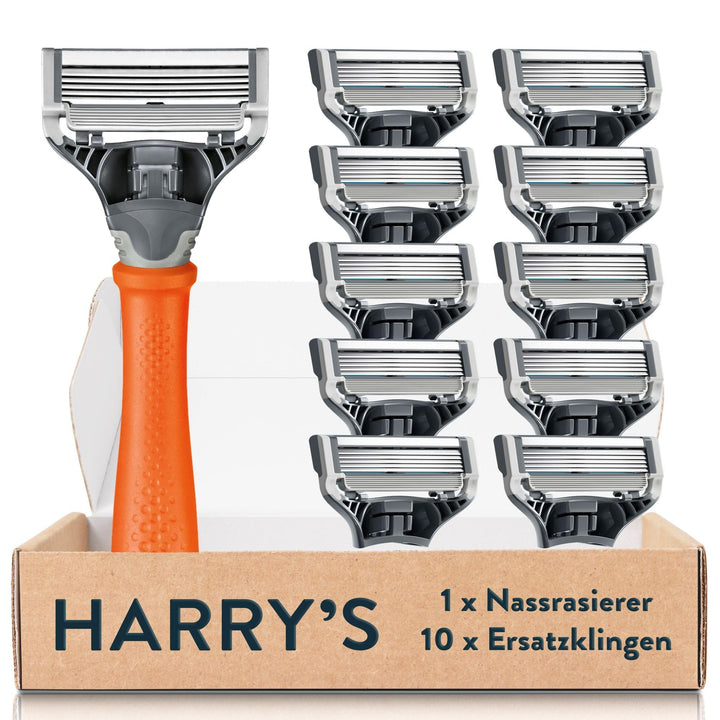 Harry’s Nassrasierer für Männer – Rasier-Set mit orangefarbenem Griff, 10 Ersatz-Rasierklingen Rasie