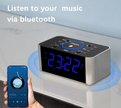 iTOMA Radiowecker Kabelloses Laden, Snooze, Digitales UKW-Radio mit Bluetooth Dual Alarm, Dimmer LED