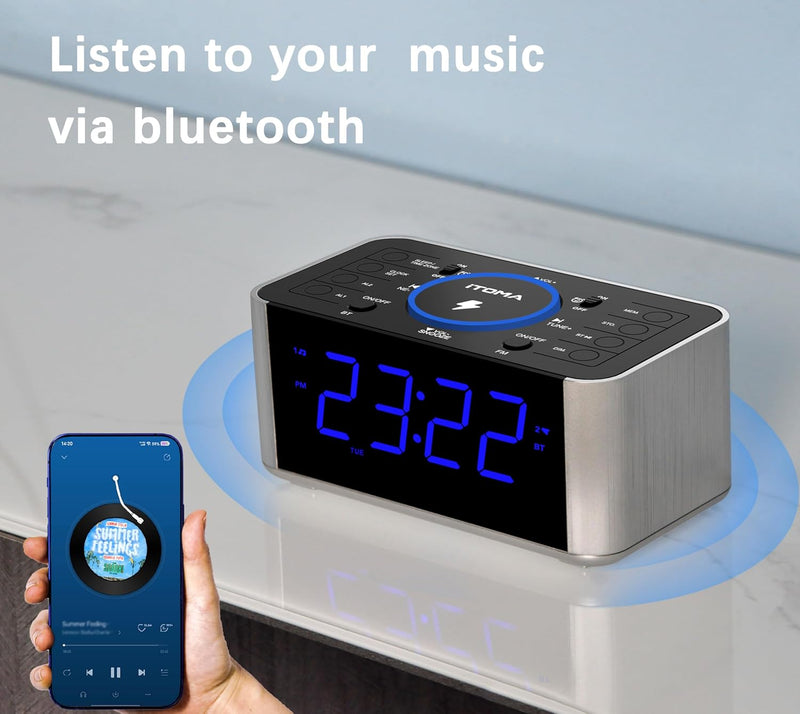 iTOMA Radiowecker Kabelloses Laden, Snooze, Digitales UKW-Radio mit Bluetooth Dual Alarm, Dimmer LED
