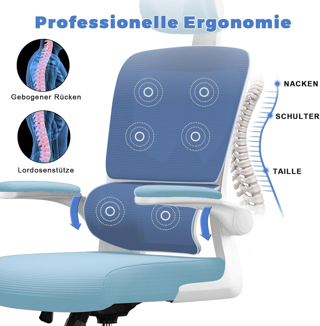 naspaluro Ergonomischer Bürostuhl: Schreibtischstuhl mit C-förmiger Lordosenstütze,Verstellbarer Kop