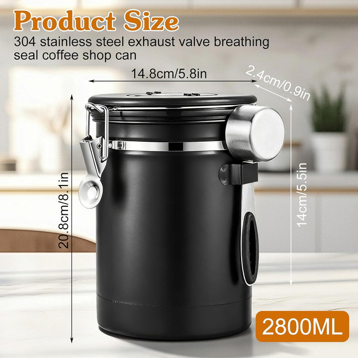 VEGOATY 2,8 L Kaffeedose Luftdicht, Kaffeebohnen Behälter Aus Edelstahl Mit Messlöffel Und Datumsanz