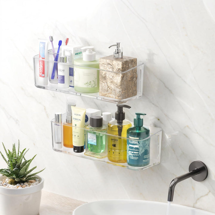 PAVSTINE Duschablage ohne Bohren Transparent, 2 Stück Duschregal Badezimmer Organizer mit Ablauföffn