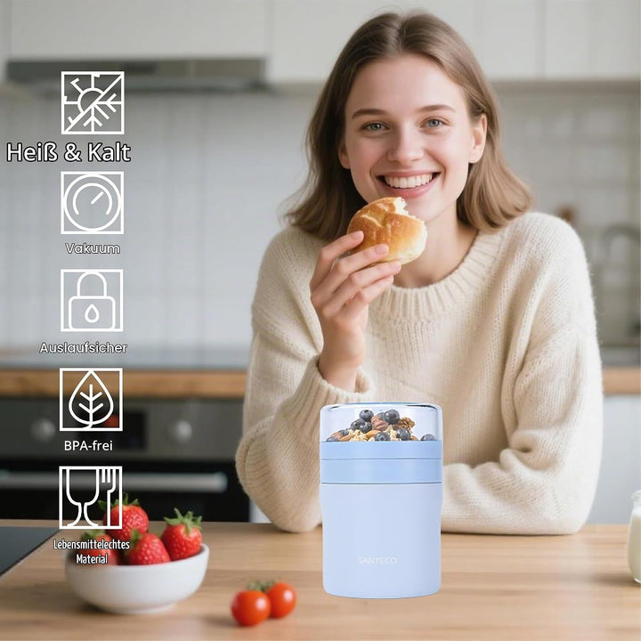 SANTECO Müslibecher to go 500ml+220ml Thermobehälter für Essen mit Löffel Hält 12 Stunden Warm, Spül