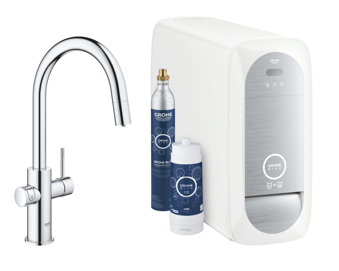GROHE Blue Home - Starter Kit (C- Auslauf, 3 gefilterte und gekühlte Wasserarten, Schwenkbereich 360