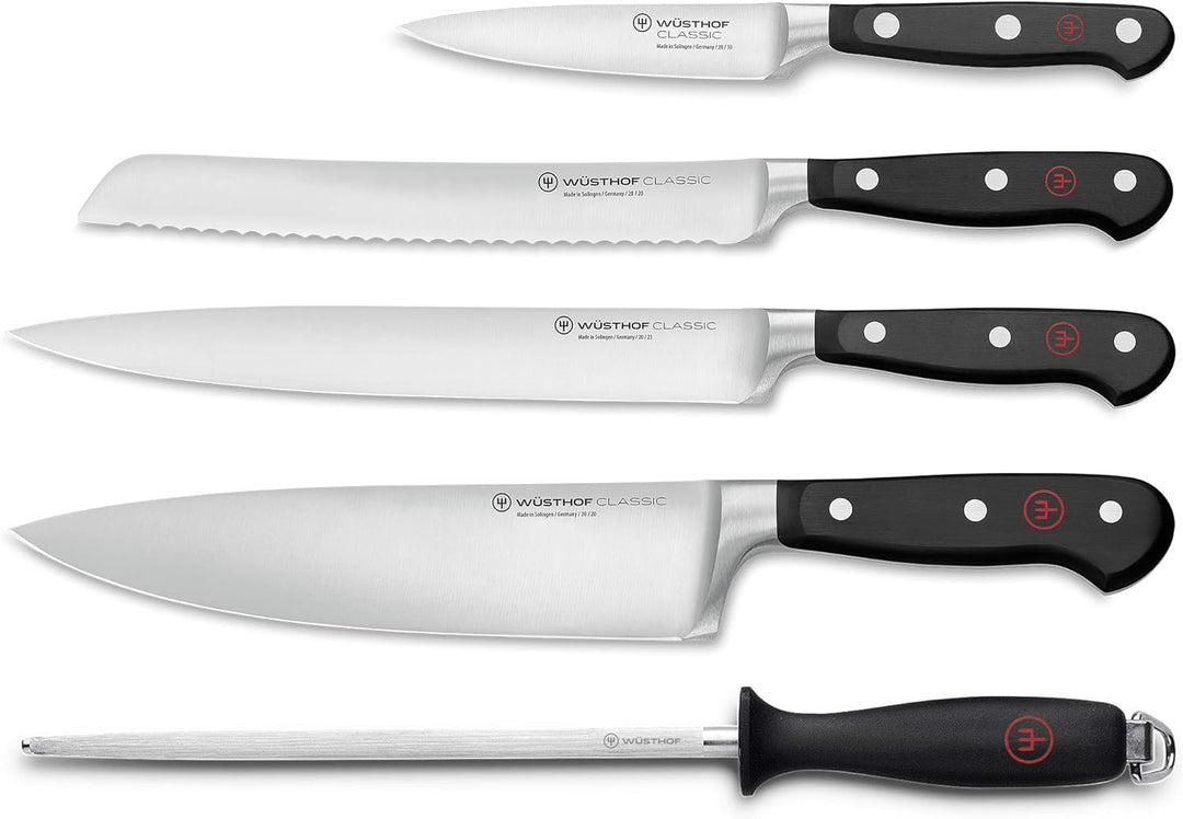 WÜSTHOF Classic Messergarnitur mit 5 Artikeln, Schwarz,silber 4 Kochmesser, Wetzstahl, 4 Kochmesser,