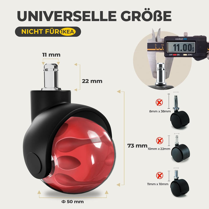 Sytopia Bürostuhl Rollen 5er Set in Rot, Rollen für Bürostühle 11 x 22 mm für Teppichböden, Hartbode