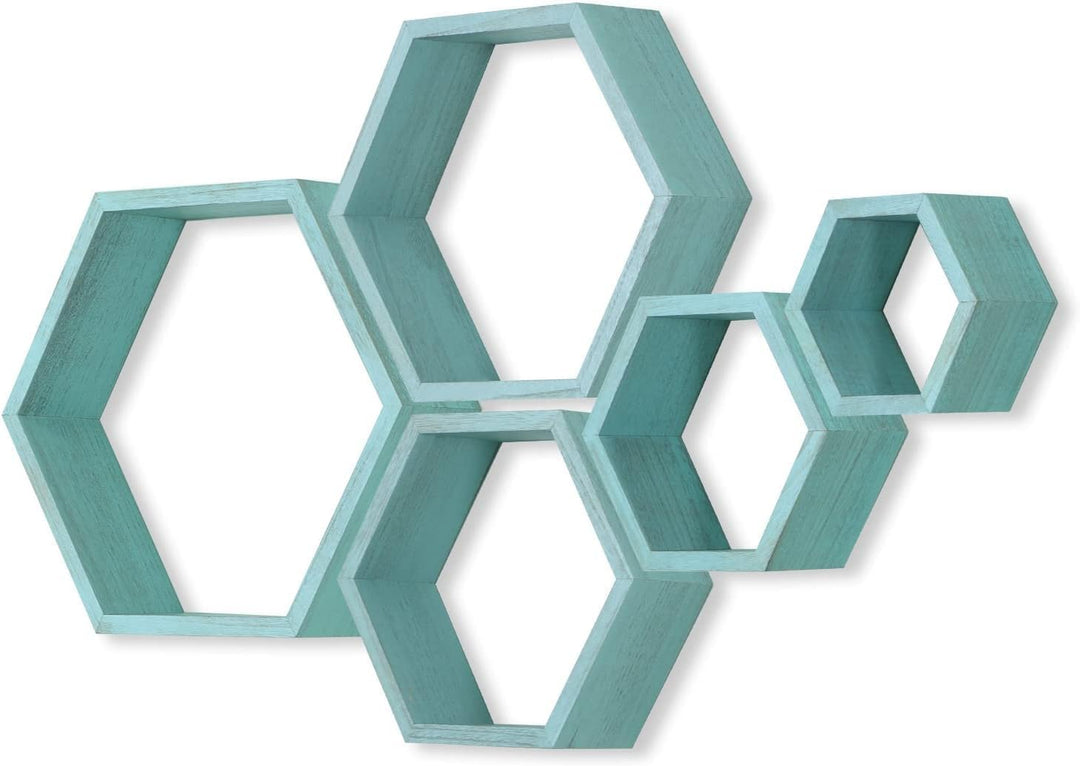 MITREL Hexagon Wandregal, Wohnzimmer Deko Wand, Holz Hängeregal für Schlafzimmer, 5er-Set(Blau) 5 St