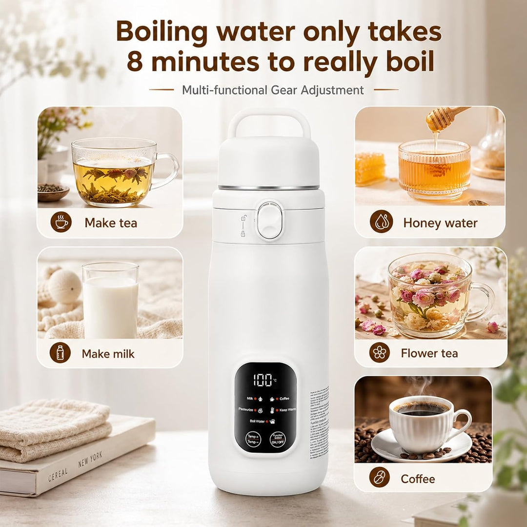 Reisewasserkocher 500ml mit 5 Temperaturen, Mini Wasserkocher 316L Edelstahl, USB/AC/12V Netzbetrieb