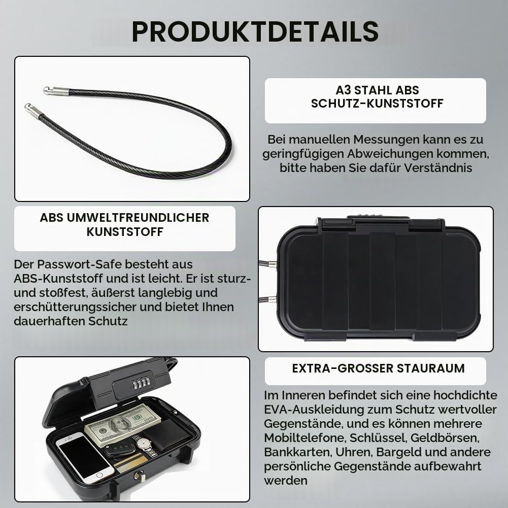Tragbarer Tresor, Mini Tresor, 4 Stellig Zahlencode Sicherheitsbox, mit 6MM Drahtseil abnehmbarem, S