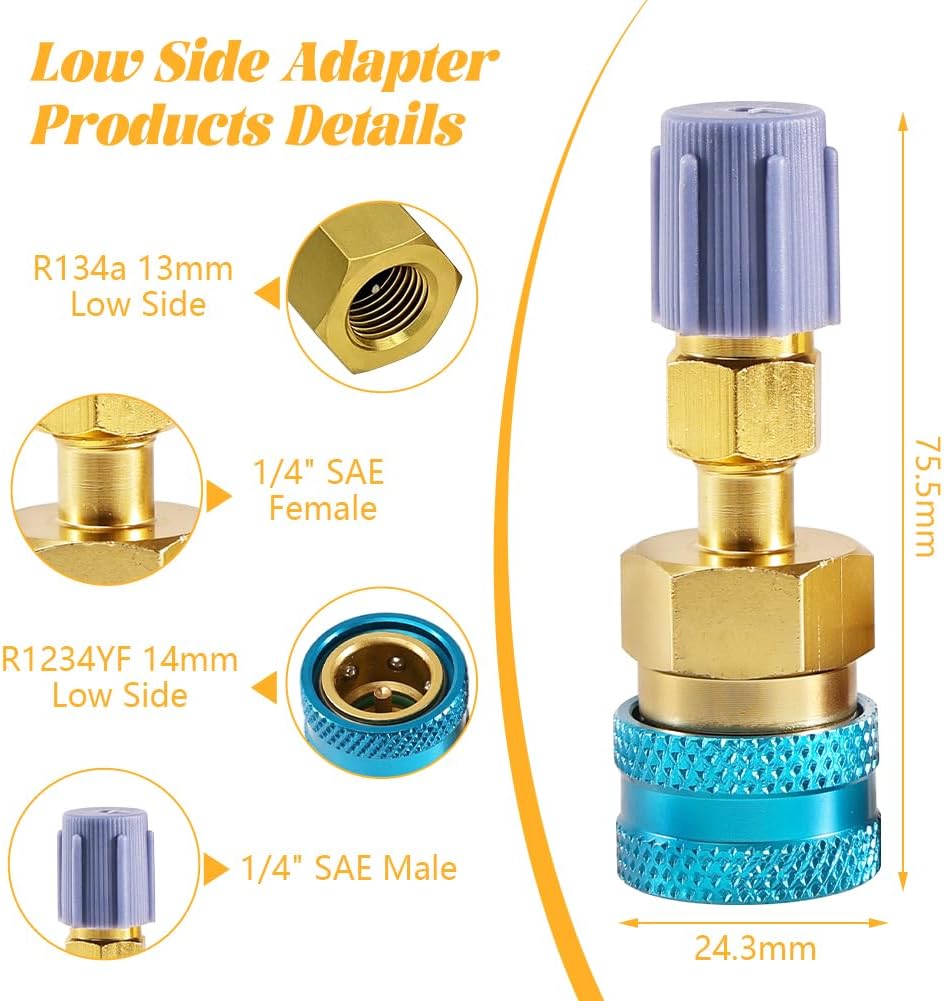 2 Stück R1234yf auf R134a Adapter, Kältemittel-Nachfüllsatz, Schnellkupplungs-Anschlussadapter, High