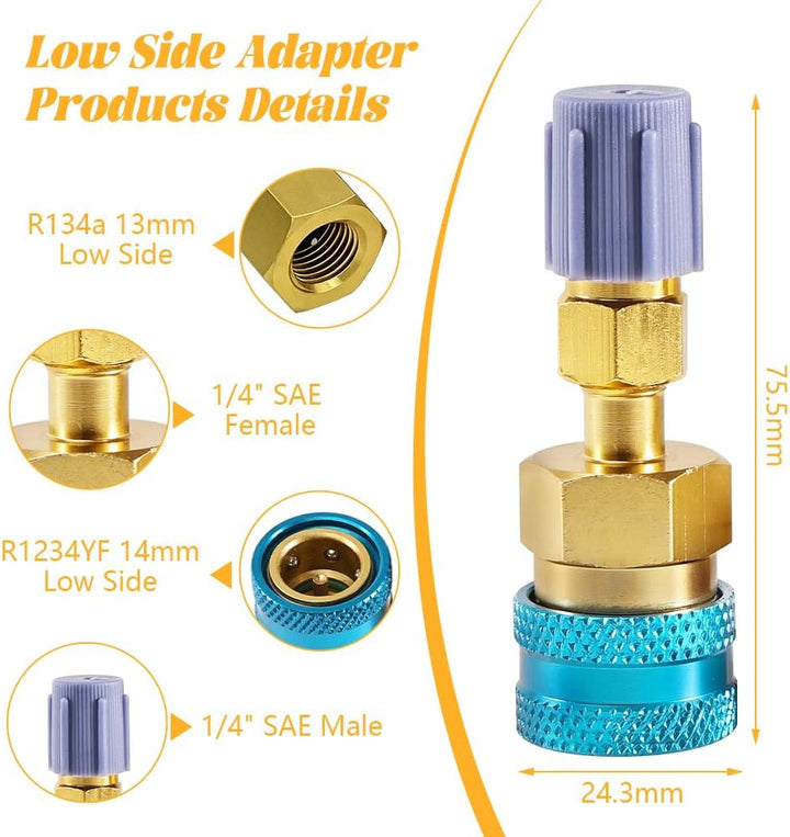 2 Stück R1234yf auf R134a Adapter, Kältemittel-Nachfüllsatz, Schnellkupplungs-Anschlussadapter, High