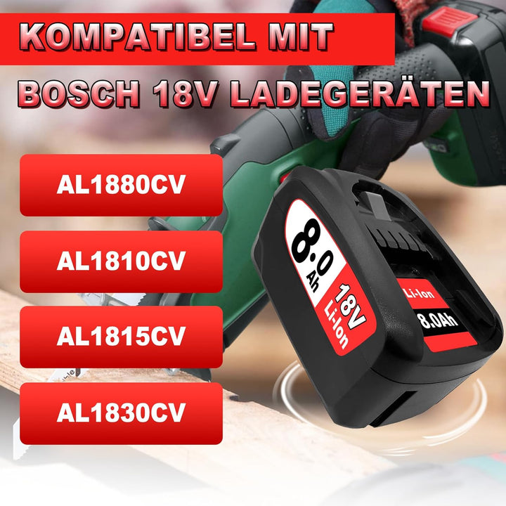 Ersatzakku für Bosch Home and Garden Werkzeuge 2 Stück 8000mAh 18V Lithium Ionen Kompatibel mit Bosc