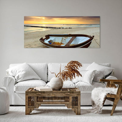 Wandbilder Dekoration Wohnzimmer Strand Boot Ostsee Sommer Panorama Bilder auf Leinwand 120x50cm Lei