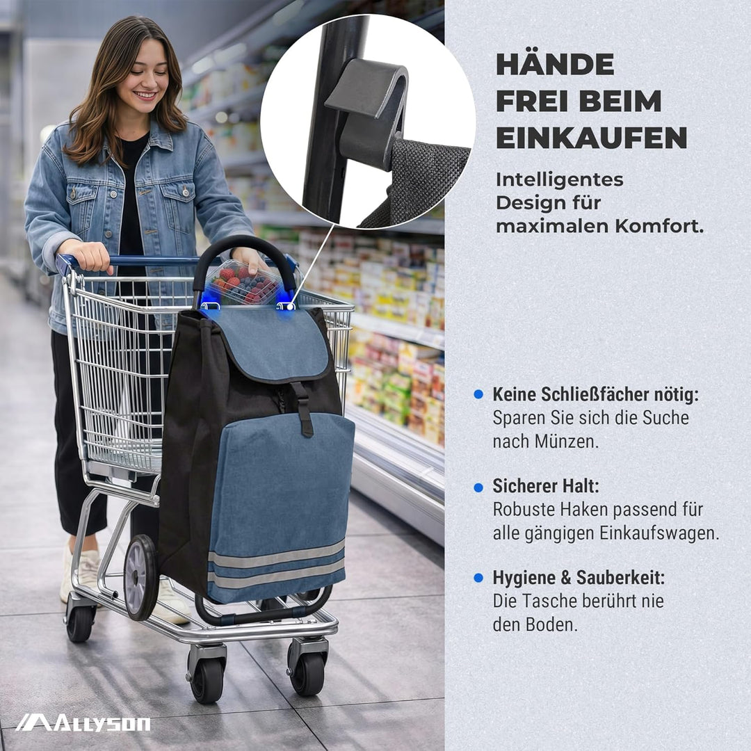 Allyson® Einkaufstrolley klappbar mit Reflektoren & Kühltasche, Einkaufswagen 45L Kapazität, Wetterf