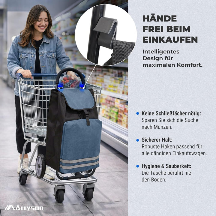 Allyson® Einkaufstrolley klappbar mit Reflektoren & Kühltasche, Einkaufswagen 45L Kapazität, Wetterf