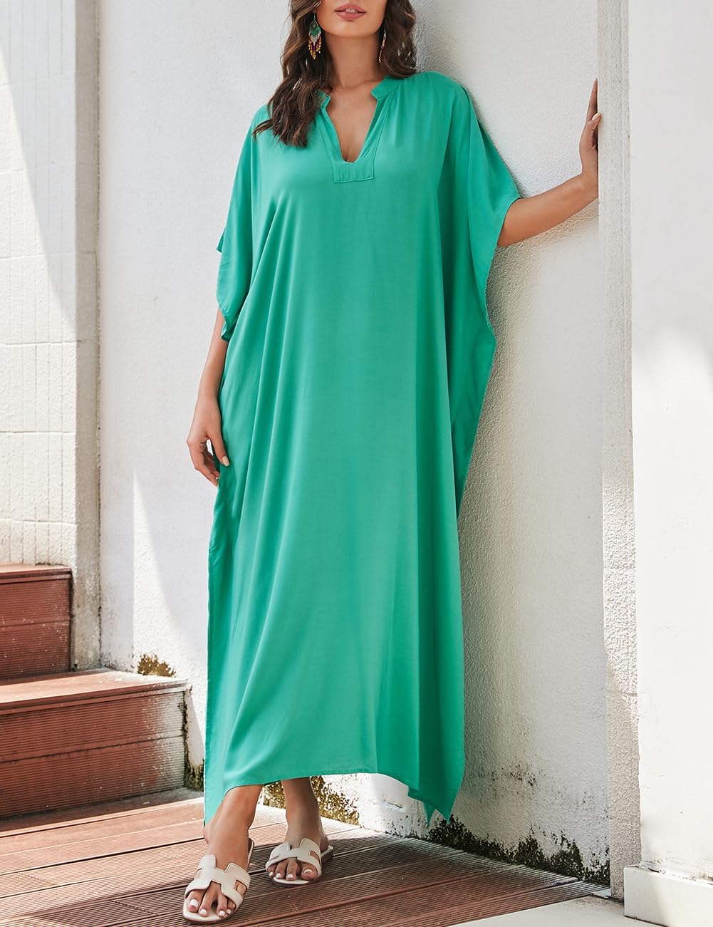 Bsubseach Frauen Plus Grösse Kaftan Kleid Badeanzug Druck Kaftan Strand Cover Up Kleid Y-Blau Grün,