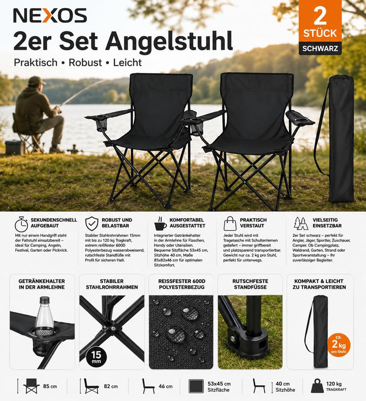 Nexos 2-er Set Angelstuhl Anglerstuhl Faltstuhl Campingstuhl Klappstuhl mit Armlehne und Getränkehal