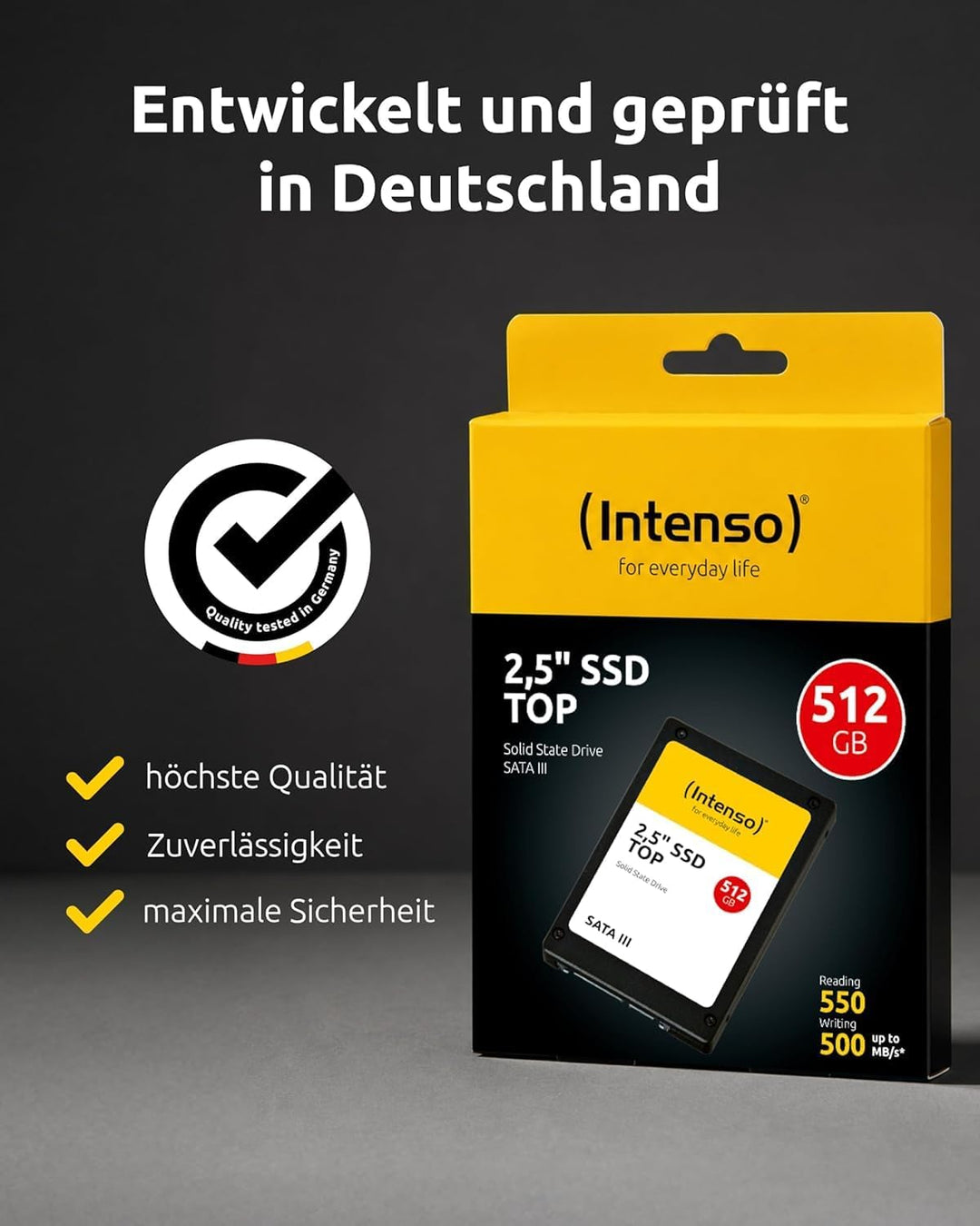 Intenso Interne 2,5" SSD SATA III Top, 512 GB, 550 MB/Sekunden, Schwarz 512GB Sata 2,5", 512GB Sata