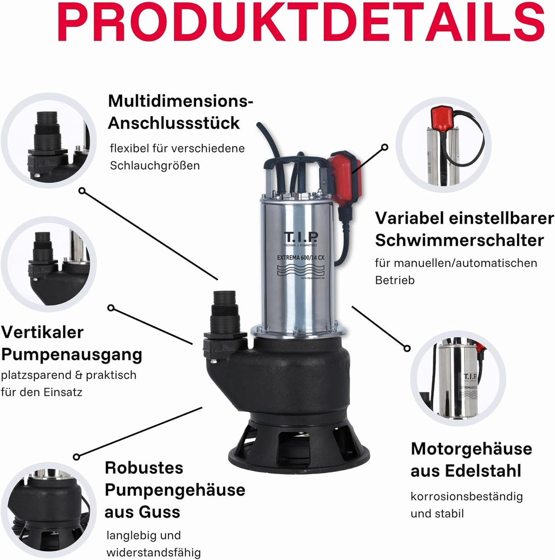 T.I.P. Schmutzwasser Tauchpumpe - Baupumpe Edelstahl (36.000l/h Fördermenge, 14m Förderhöhe, 50mm Ko