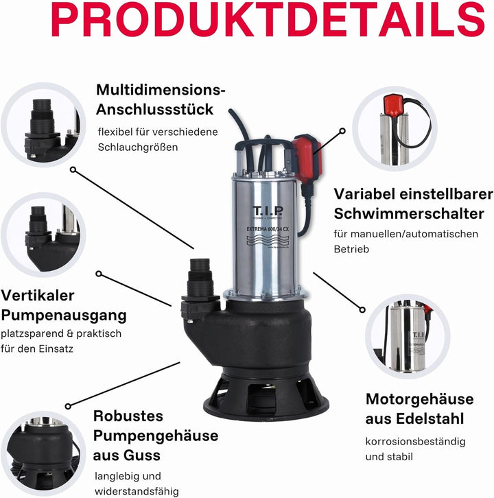 T.I.P. Schmutzwasser Tauchpumpe - Baupumpe Edelstahl (36.000l/h Fördermenge, 14m Förderhöhe, 50mm Ko
