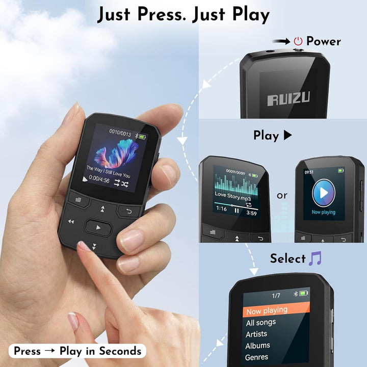 32GB MP3 Player mit Bluetooth 5.3, Clip,29g Leicht，FM Radio &amp; Blindbedienung