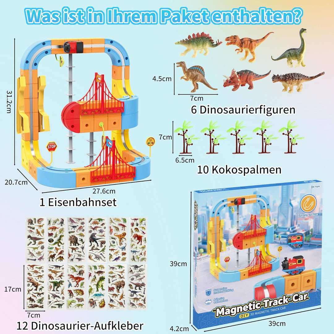 Clickrail Electric Train Set Flexible Race Track, Block Zug mit Dinosaurierspielzeug/Kokospalme/Aufk