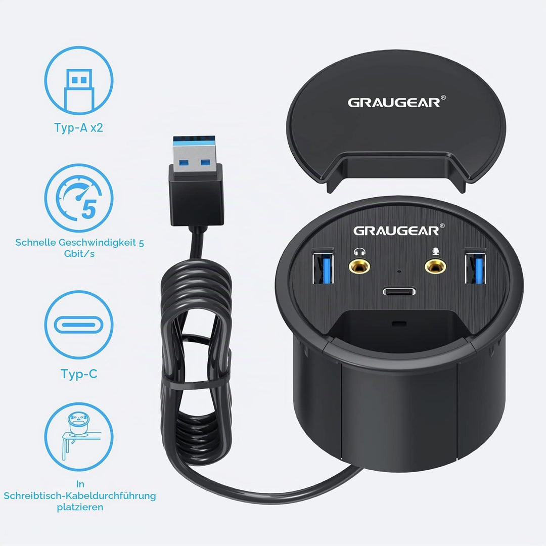 GRAUGEAR Tisch USB HUB mit 1x USB-C und 2X USB-A Anschlüssen, Tisch HUB mit 60mm Durchmesser, USB 3.