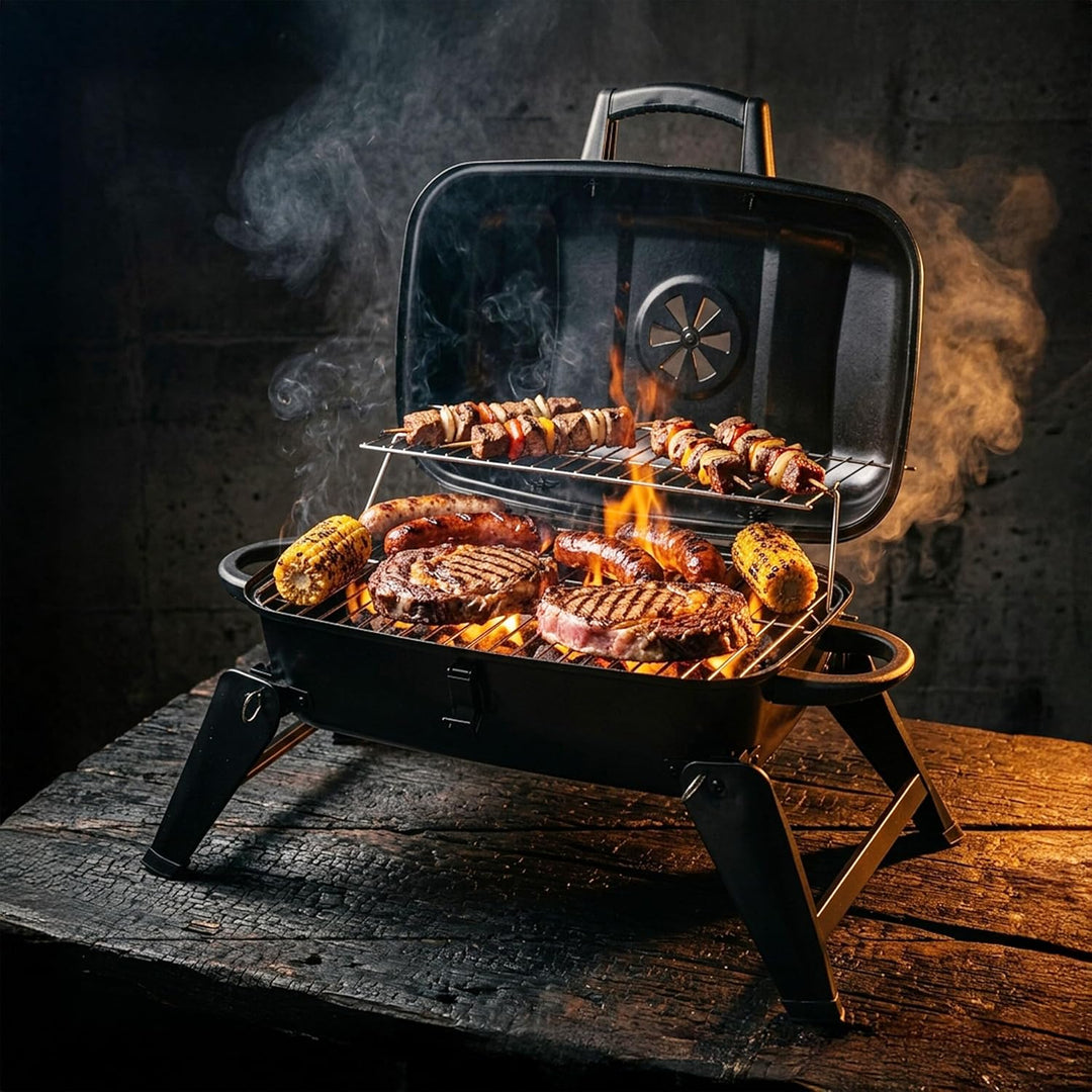 Relaxdays Tischgrill, tragbarer Klappgrill, HBT: 34 x 59 x 36 cm, Warmhalterost, Lüftung, Kohlegrill