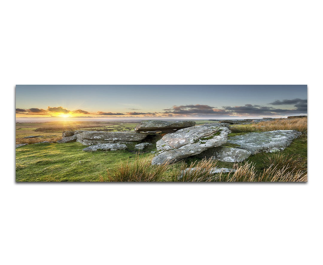 Paul Sinus Art Panoramabild auf Leinwand und Keilrahmen 150x50cm Cornwall Wiese Steine Meer Sonnenun