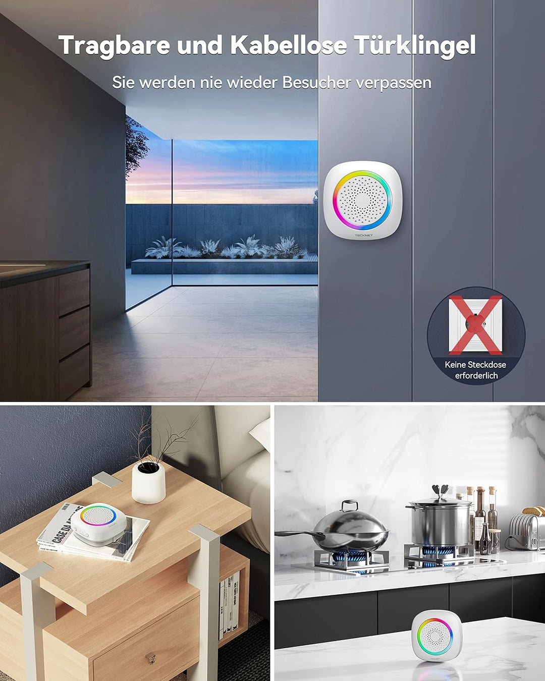 TECKNET Funkklingel, Kabellose Türklingel Batteriebetrieben mit RGB Licht, 60 Melodien, IP66 Wasserd