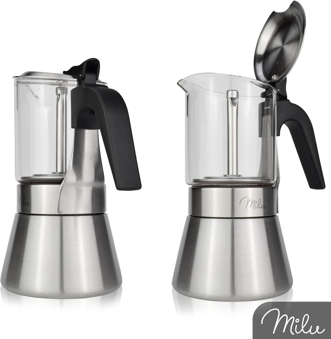 Milu Espressokocher Induktion geeignet | 4, 6 Tassen | Edelstahl Glas Mokkakanne, Espressokanne, Esp