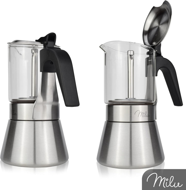 Milu Espressokocher Induktion geeignet | 4, 6 Tassen | Edelstahl Glas Mokkakanne, Espressokanne, Esp