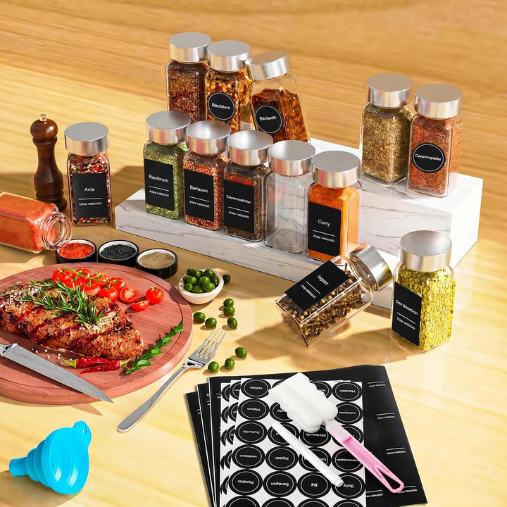 24er Gewürzgläser Set mit Edelstahldeckel – Eckige Gewürzdosen (120ml) | Gewürz Organizer mit Streue