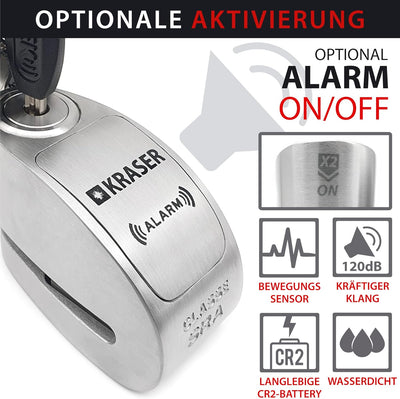KRASER KR10S Motorrad Alarm Vorhängeschloss, 120dB Double Lock Anti-Diebstahl Bike Disc Clip mit War