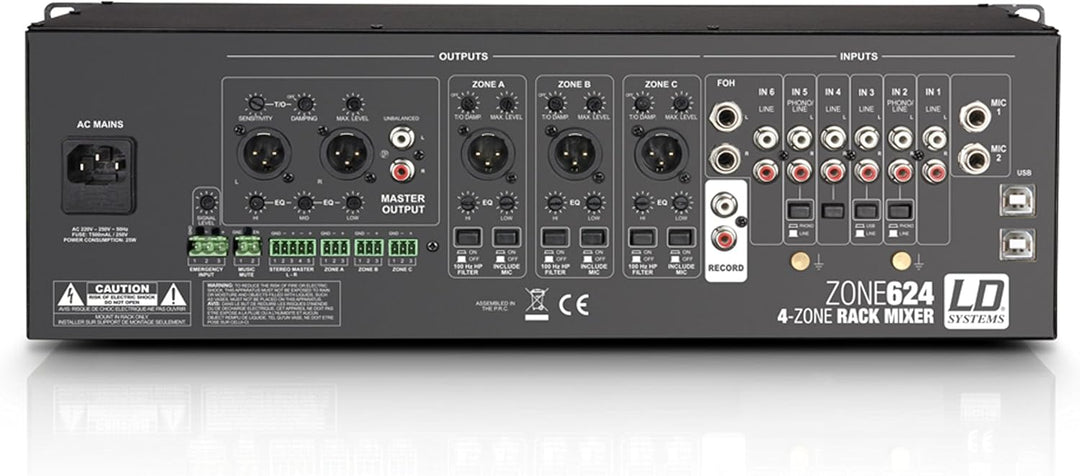 LD Systems ZONE 624-19" 4-Zonen Mixer mit 2 Mikrofonkanälen und 3HE, schwarz 4-Zonen Mixer 3HE, 4-Zo