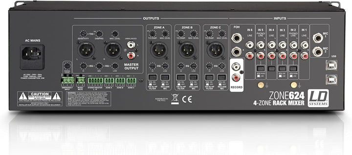 LD Systems ZONE 624-19" 4-Zonen Mixer mit 2 Mikrofonkanälen und 3HE, schwarz 4-Zonen Mixer 3HE, 4-Zo