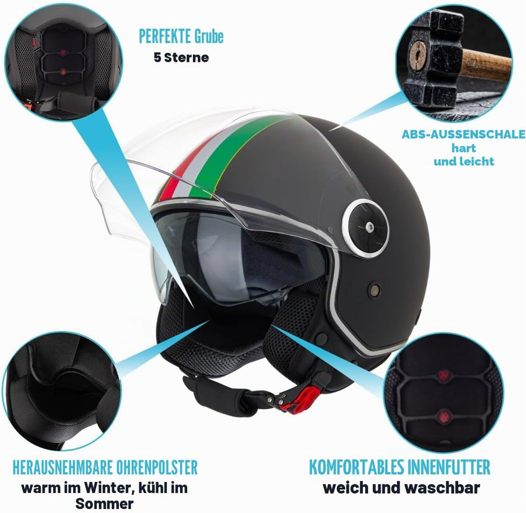 VINZ Neiva Jethelm mit Doppelvisier | Roller Helm mit Italienische Flagge &amp; mit Sonnenblende | In Gr
