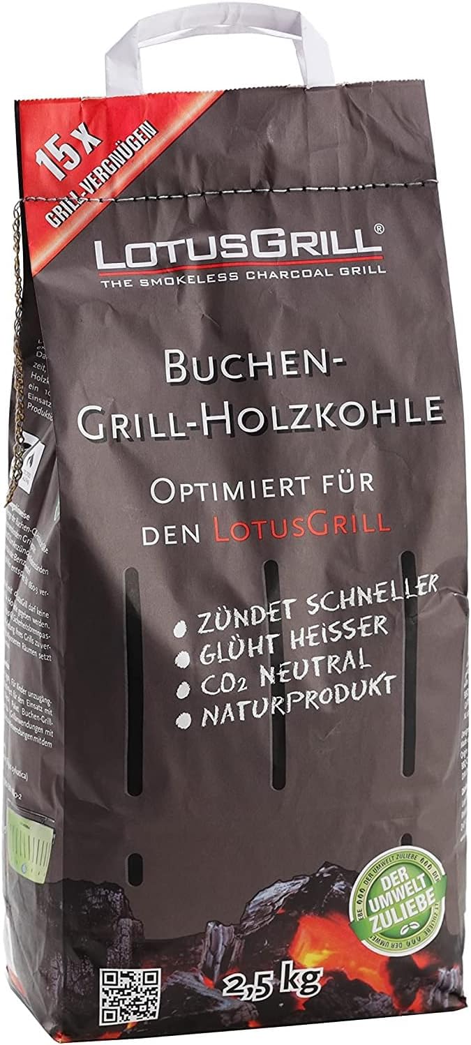 LotusGrill XL Starter-Set 1x XL Grill Feuerrot mit USB-Anschluss, 1x Buchenholzkohle 2,5 kg, 1x Bren