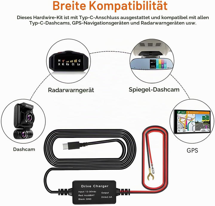 CGEAMDY Dashcam Ladegerät Netzkabel, Dash Cam Hardwire Kit, Mini USB Hard Wire Kit, Mit Niederspannu