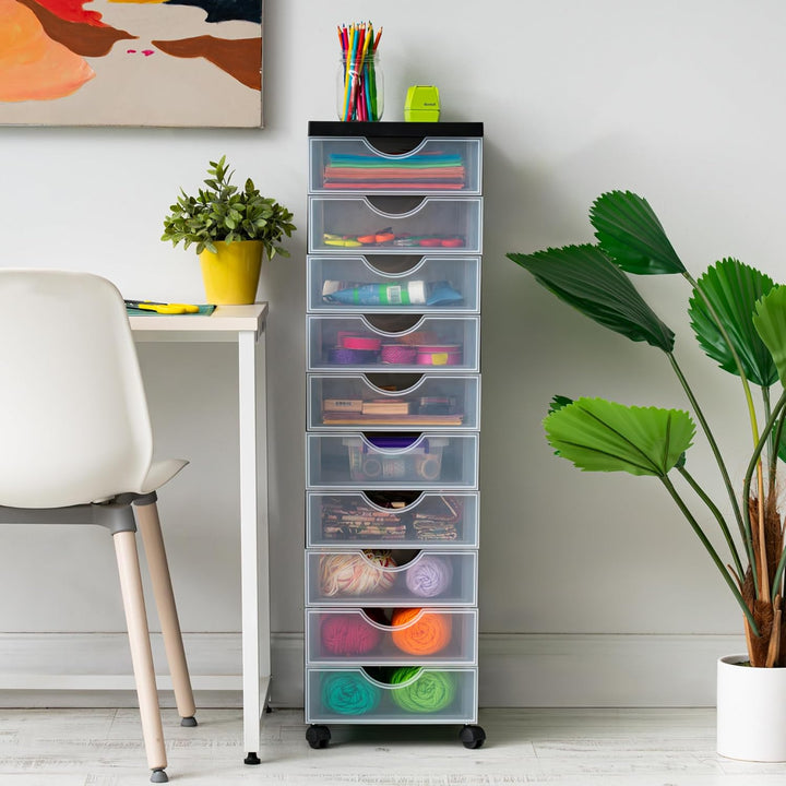 Iris Ohyama Kunststoff-Schubladenbox mit Rollen, 10 flachen Schubladen, Schwarz, Griffe zum Ziehen,
