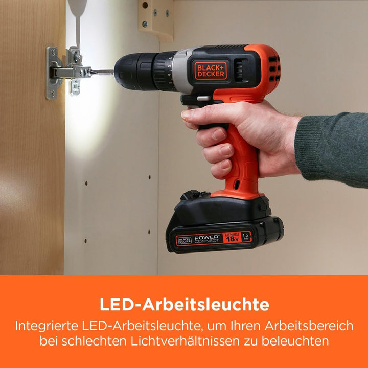 Black+Decker Akku-Bohrschrauber (18V/1.5 Ah, 10mm Schnellspannbohrfutter, 10-stufige Drehmomentvorwa