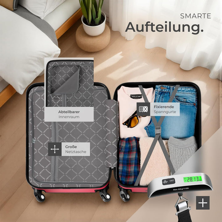 TecTake® Hartschalenkoffer-Set, 19-teilig, ABS-Hartschale, mit TSA-Schloss, 360° Rollen, Packwürfels