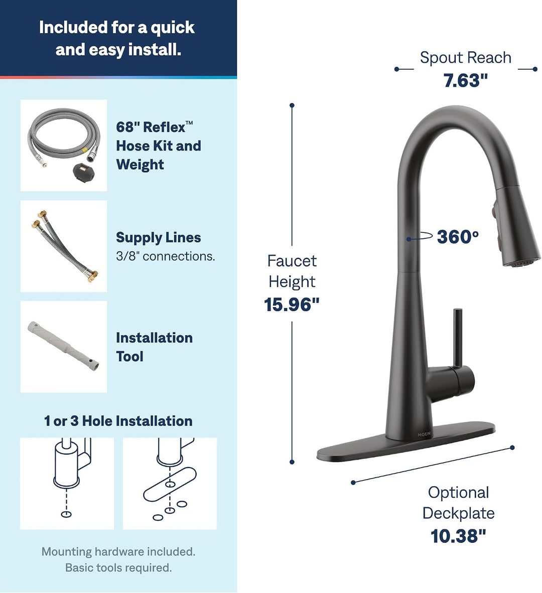 Moen Schlanke, mattschwarze Einhand-Küchenarmatur mit PowerBoost-Technologie für schnelleren Wasserf