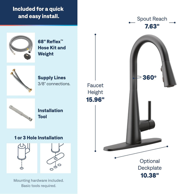 Moen Schlanke, mattschwarze Einhand-Küchenarmatur mit PowerBoost-Technologie für schnelleren Wasserf