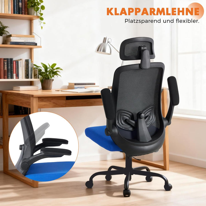 Sweetcrispy Ergonomischer Bürostuhl mit Kopfstütze & verstellbaren Armlehnen, 360° Drehfunktion, Höh