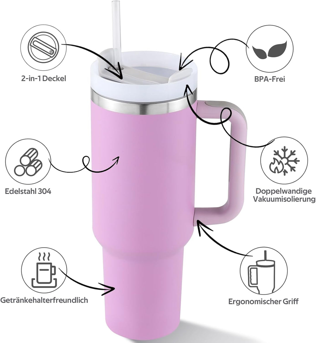 40oz Thermobecher mit Strohhalm und Henkel,1180 ML Doppelwandiger Edelstahl Heisse Kalte Getränke Va