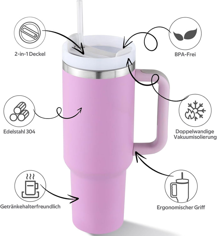 40oz Thermobecher mit Strohhalm und Henkel,1180 ML Doppelwandiger Edelstahl Heisse Kalte Getränke Va