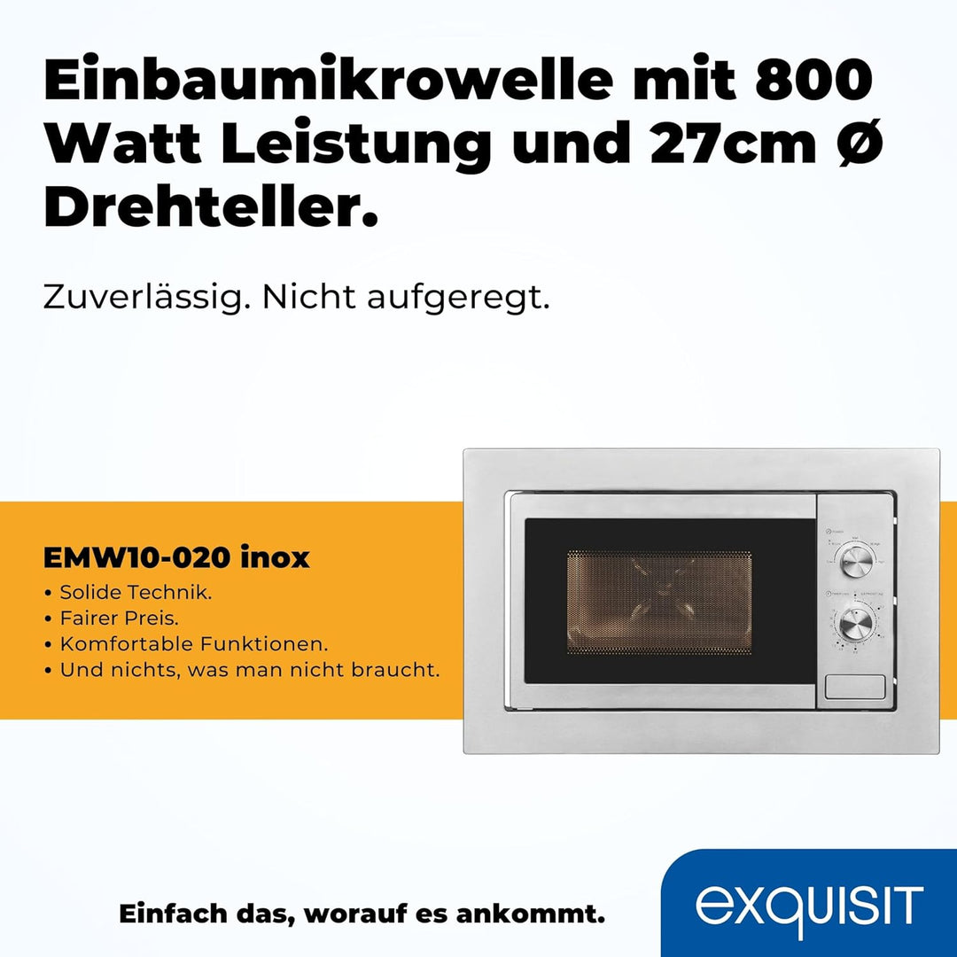 Exquisit Einbaumikrowelle EMW10-020 inox | 800 W Leistung | Kinderleichte Bedienung | Einfacher Einb